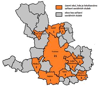 Mapa 6 znázorňuje regionální rozmístění zařízení sociálních služeb v ORP Trutnov, v prvém případě podle údajů z Registru sociálních služeb, v druhém případě na základě vlastního šetření.