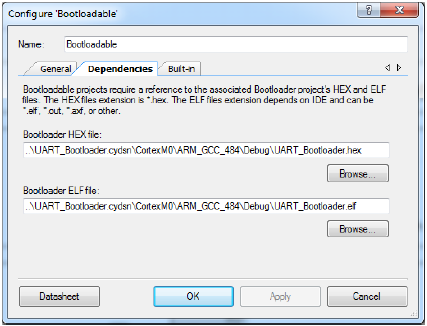 8. V konfiguračním okně vyberte záložku Dependencies a klikněte na tlačítko Browse pro označení HEX a ELF souborů přítomných ve složce "Dependencies" pod projektovou složkou a klikněte na OK.