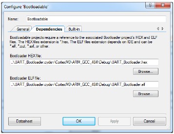 Klikněte na záložku Dependencies pro výběr HEX a ELF souborů z projektu UART Bootloader v kitu. Musíte vždy uvést váš načítací projekt do základního načítacího projektu.