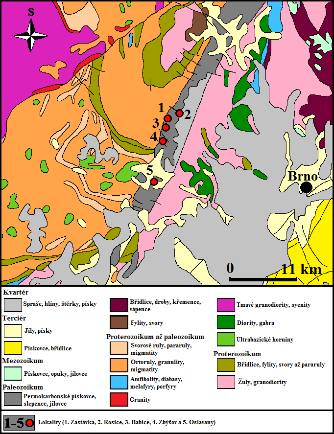 Obr. 2: Geologická mapa permokarbonu boskovické brázdy a vyznačením popisovaných lokalit
