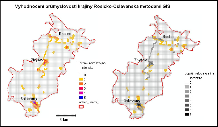 3.1 Ověření metodiky vymezení postindustriální krajiny Rosicko - Oslavanska metodami GIS Území katastrů obcí Oslavany, Rosice, Zbýšov, Babice u Rosic a Kratochvilka bylo překryto čtvercovou sítí o