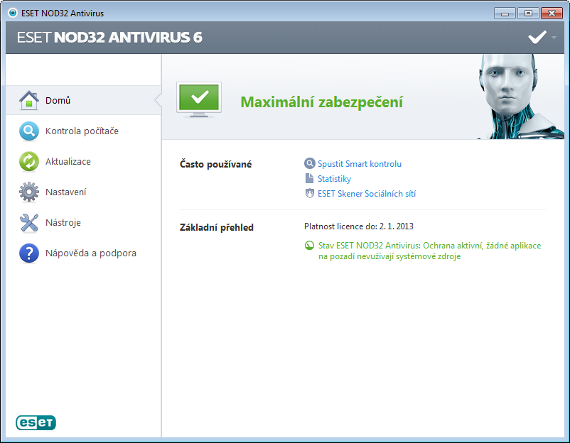 3. Začínáme Následující část poskytuje první pohled na produkt ESET NOD32 Antivirus a jeho základní nastavení. 3.