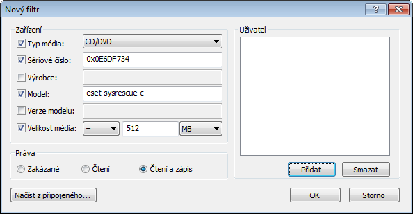 4.1.2.2 Nový / Změna filtru V tomto okně můžete vytvořit nebo změnit existující pravidlo filtrování. Zařízení Typ zařízení - Vyberte typ vyměnitelného zařízení ze seznamu (CD / DVD / USB).
