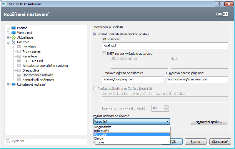 4.4.10 Upozornění a události ESET NOD32 Antivirus podporuje posílání událostí emailem s vybranou úrovní.