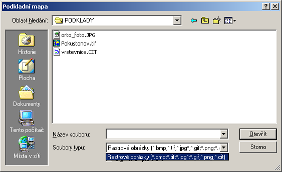1.2 Rastrové mapy 1.2.1 Načtení rastrové mapy V hlavní nabídce menu, v rozbalené nabídce Editace, se zvolí položka Podkladové mapy.