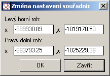 1.2.1.1 Změna souřadnic rastrové mapy v programu HYDRONet3 Dvojklikem na zvolenou rastrovou mapu se otevře dialogové okno Změna nastavení souřadnic (viz. Obr. 5), kde se upraví souřadnice mapy.