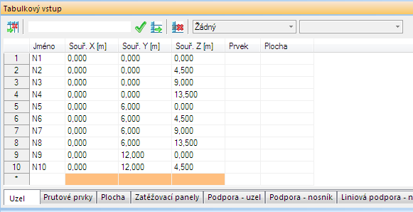 Tabulka nová řádka a oranžové buňky Nová řádka jde použít i pro import většího objemu dat přes