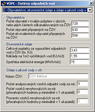 Obyvatelstvo, ekonomické údaje a jakost vody Údaje z bloku Obyvatelstvo spolu s názvem ČOV jsou automaticky vyplněny z majetkové evidence zadaného majetku. Údaje o překročení limitů (viz obrázek Obr.