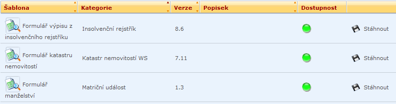 4.2 Výběr a načtení Formuláře insolvenčního rejstříku Po přihlášení se na následující stránce zobrazí nabídka formulářů; vyhledejte sekci s názvem činnosti, kterou budete od Czech POINTu vyžadovat v