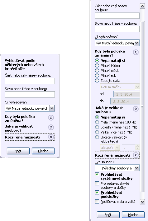 UTB ve Zlíně, Fakulta aplikované informatiky, 2014 27 Obrázek 4 Vyhledávání souborů podle různých kritérií Vyhledávání ve Windows XP: Verze XP obsahuje jednoduché nástroje pro vyhledávání dat.