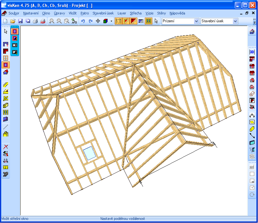 Příklad zadání 1: Pomocí průvodce 9.5 VYTVOŘIT VÝMĚNU STŘEŠNÍHO OKNA Střešní okna vytváříte pomocí nabídky Střešní okno Vložit střešní okno.