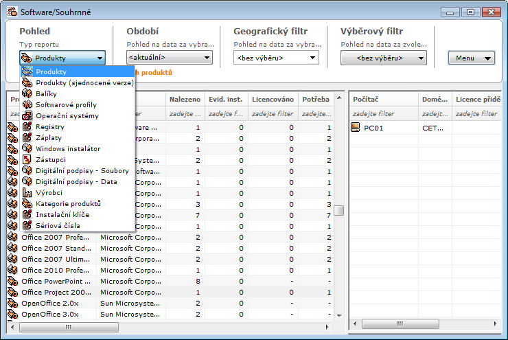 31 4. REPORTY 4.1. DRUHY REPORTŦ Výsledky se člení podle následujících kritérií: Podle zdroje dat (softwarový audit, monitoring, přehledy evidovaných položek, informace pro správu systému AuditPro)