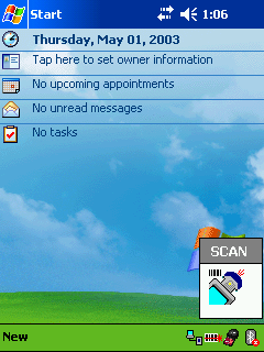 76 Po instalaci spusťte aplikaci SocketScan (běh indikuje vpravo dole třetí ikona zleva) a SocketScan trigger (běh indikuje vpravo dole druhá ikona zleva) Zapojte RFID čtečku do Pocket PC Stisknutí