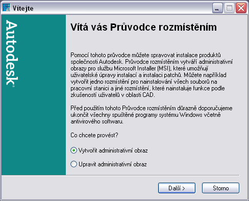 2 Na stránce Vytvořit administrativní obraz zadejte do pole Vyberte instalační (MSI) soubor cestu k souboru ADT.