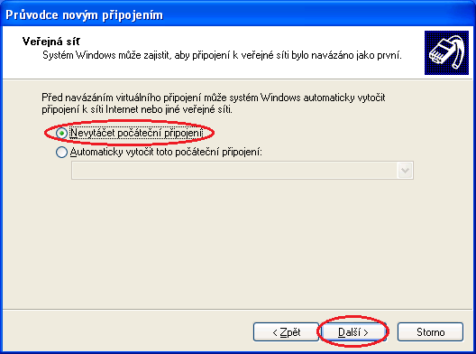 Pokud budete přistupovat do VPN přes vždy přes modem, můžete zvolit Automaticky vytočit toto počáteční připojení a z rozbalovacího menu vybrat požadované