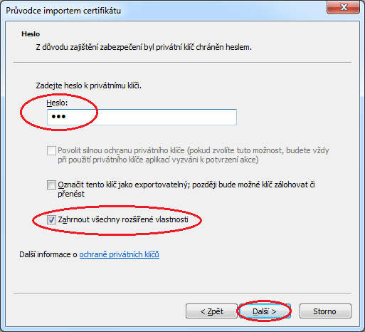 Jako heslo, kterým je certifikát chráněn, vyplňte aaa (bez uvozovek).