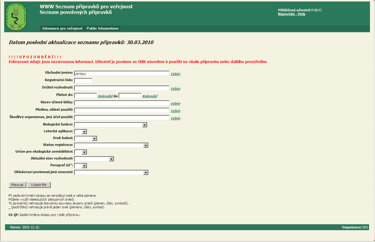 Vyhledání přípravku v Registru POR zjištění jeho klasifikace