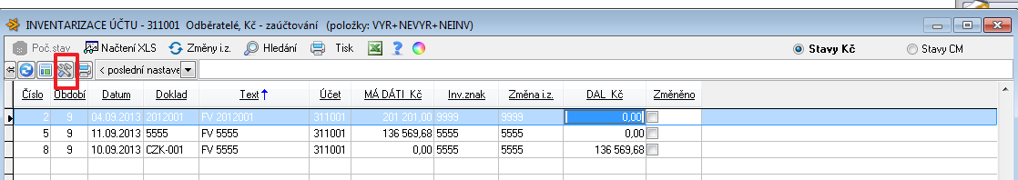 Po takovéto změně a uložení inventarizace tlačítko OK, se tyto změny propíší i do dokladů zaúčtování v Účetních dokladech. V inventarizaci lze dohledávat položky zaúčtování k sobě patřící dle inv.