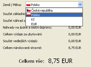 Sumář dovoluje filtrovat tuzemské a zahraniční cestovní příkazy pomocí roletky Země/Měna a