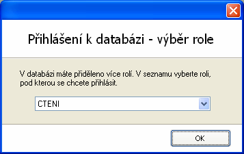 hlavně na Vašem přihlašovacím uživatelském jménu. Každé uživatelské jméno má přidělenu svou roli v databázi. Pokud máte přiděleno k databázi více rolí, vyzve vás program k zadání role v dalším okně.