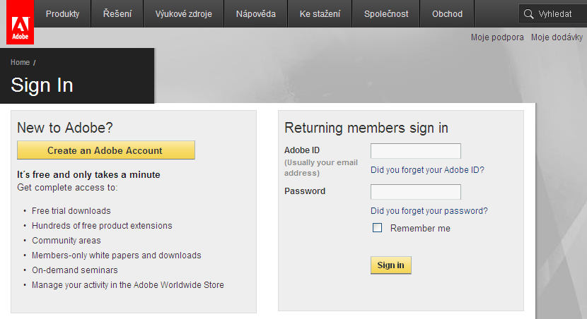 Registrace AdobeID 1.