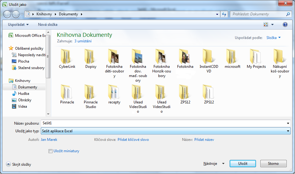 Standardně je Excel nastaven tak, aby sešity ukládal do Vaší složky Dokumenty, ve formátu Sešit aplikace Excel, tedy *.xlsx.