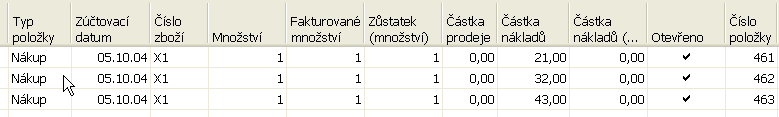 Nákup FIFO (režijní náklad =10,00, Nepřímý náklad=10%) Účtované nákupní řádky Položky zboží Princip