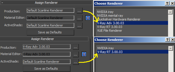 Prvním krokem je u volby Production vybrat po kliknutí na tři tečky ze seznamu renderů V-Ray Adv, čímž se automaticky nastaví stejný render u volby Material Editor.