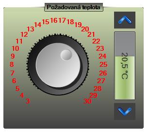 Při volbě manuální zůstává hodnota teploty nastavena trvale do další manuální změny. Rozsah teplot lze ovlivnit nastavením min. a max. teploty v nastavení hodnot CJ v záložce regulace.