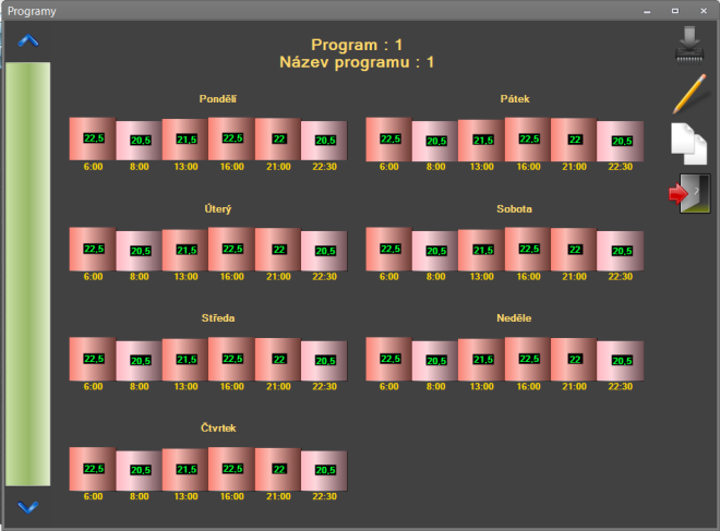 Programy okno přehledu a práce s programy Okno programy nám umožňuje provádět změnu programu číslo 1 až 22. Šipkou nahoru a dolů vyberete program k editaci.