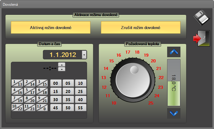 Funkce Dovolená V okně Dovolená, je možné nastavit teplotní útlum u všech prvků najednou. Nastavte datum, hodinu, teplotu a stiskněte tlačítko Aktivuj režim dovolené.