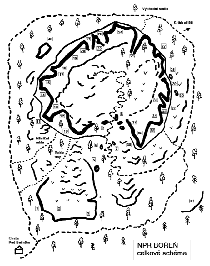 Legenda k situačnímu plánku Bořeně: -111-1. Cvičná stěna 36. Levý Jiţní pilíř 2. Stěna nebes 37. Astra 3. Bašta 38. Maturita 4. Inferno 39. Pohanský hrad 5. Bílinská jehla 40. Půlnoční 6. Školka 7.