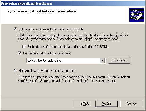 4. Instalace USB ovladačů k zařízení NetMonitor V případě prvního připojení jednotky k PC je nutné nainstalovat ovladače.