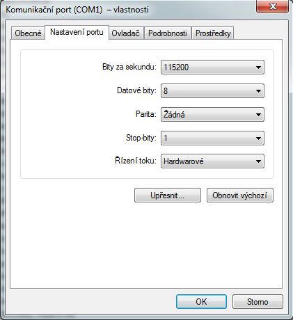 Nastavte parametry komunikačního portu Bity za sekundu: 115200 Datové bity: 8 Parita: žádná Stop-bity: 1 Řízení toku: Hardwarové Pokud Váš počítač nedisponuje sériovým rozhraním, můžete využít USB