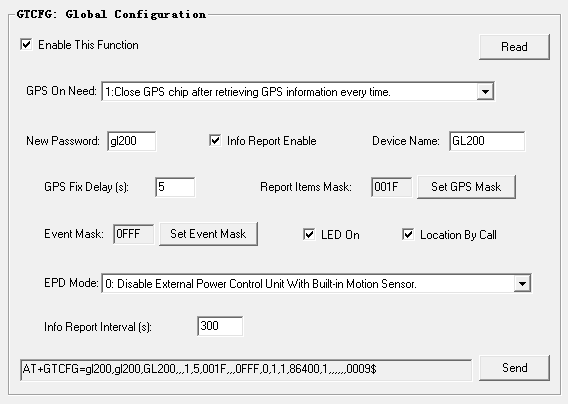 1. Zvolte Enable GTQSS Function pro povolení GTQSS funkce. 2. Když je Enable GTQSS Function vybrána, vygeneruje se příkaz pro odeslání do trackeru GL200. Příkaz můžete odeslat i pomocí SMS nebo GPRS.