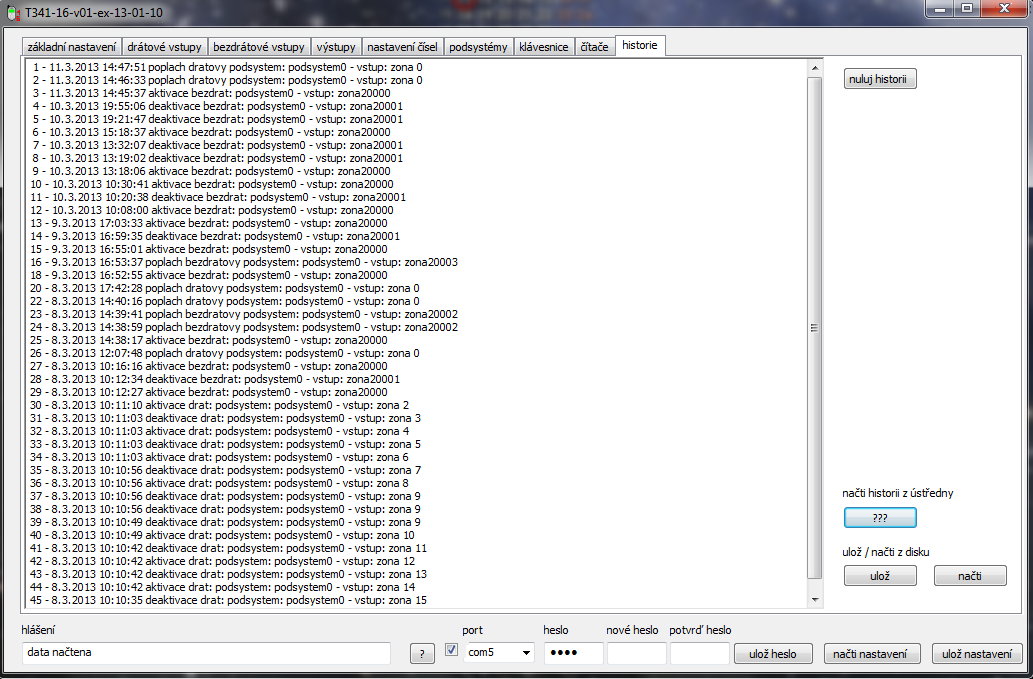 Historie Historie ukazuje jednotlivé činnosti ústředny včetně aktivace, deaktivace, poplachu datumu, hodiny a minuty, kdy k jednotlivým činnostem došlo.