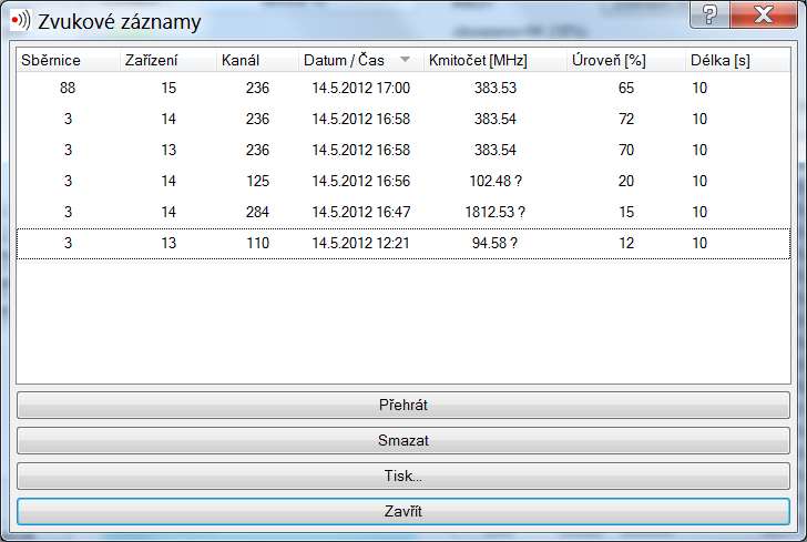 V seznamu je uvedeno: číslo sběrnice, ID zařízení, naladěný kanál, datum a čas, kmitočet (pro signály s úrovní pod 25% je údaj s?), síla signálu (100% = maximum), délka záznamu.