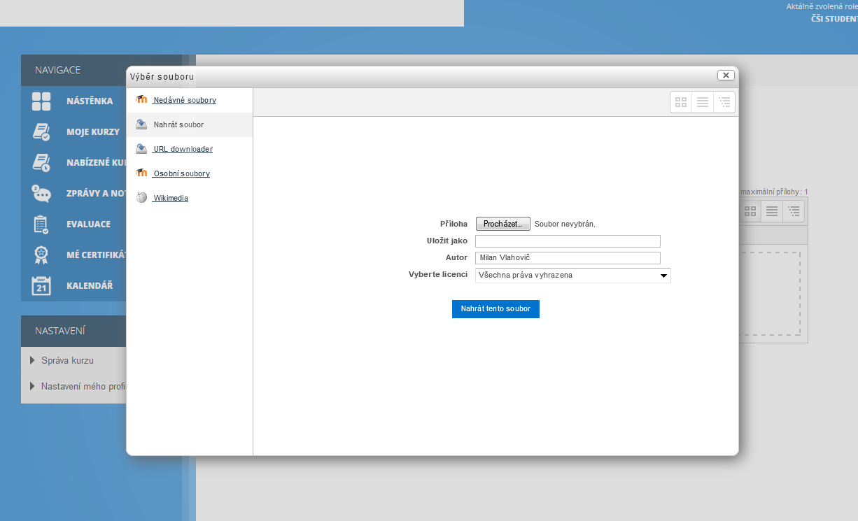 Obrázek č. 33: Práce s úkoly Zobrazí se nabídka umožňující studentovi vybrat z jeho počítače nebo ze serveru vhodný soubor. Soubor student vybere a potvrdí stiskem tlačítka Nahrát tento soubor.