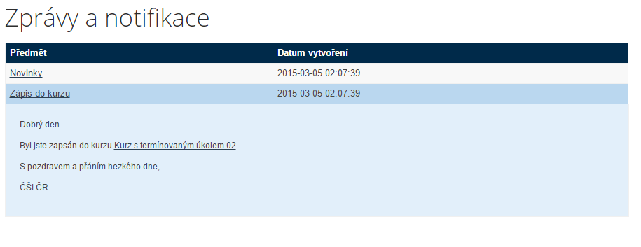 Obrázek č. 8: Zobrazení anotace běhu Ostatní ovládání je shodné s modulem Moje kurzy. 1.4.3 Zprávy a notifikace Pomocí tohoto modulu může student prohlížet došlé notifikace a zprávy.