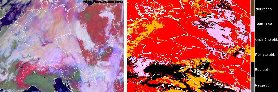 Produkty analyzující oblačnost Cloud Mask Pomocí spektrálních vlastnosti různých druhů oblačnosti a povrchů klasifikuje jednotlivé