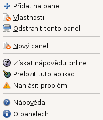 Kapitola 4. První spuštění 24 Aplet Panel nabídky Spouštěč Přepínání uživatelů Oznamovací oblast Ovládání hlasitosti Hodiny Ukončit... Popis Nabídka se všemi programy, místy a systémovými nastaveními.