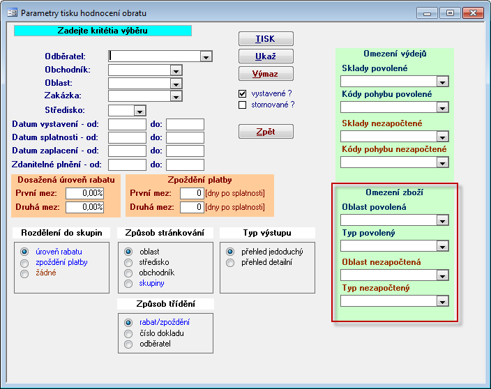 28 8 Novinková dokumentace Soft-4-Sale G5.49A Zakázkový systém Parametry hodnocení obratu Sortimentní omezení filtrace dle oblastí a typu zboží a možnost zadání povolené a nepolené oblasti produkce.