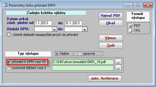 40 10 Novinková dokumentace Soft-4-Sale G5.49A Ekonomika Přiznání DPH Od 1.1. dochází k změně formuláře pro Přiznání daní z přidané hodnoty - formulář vzor 18.