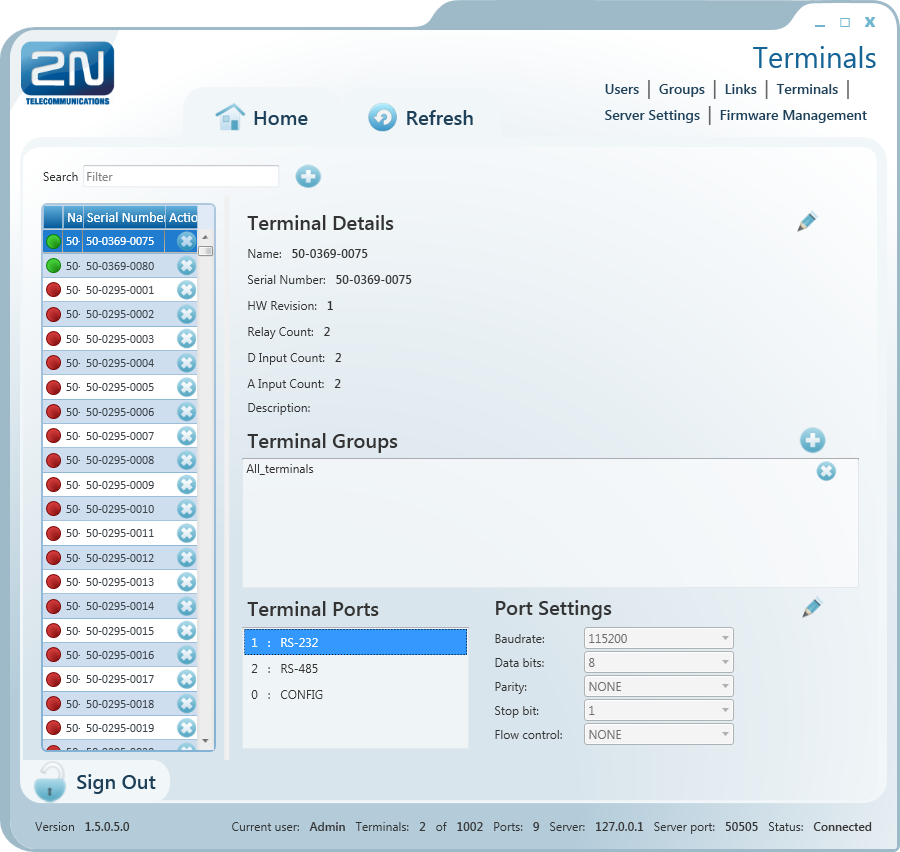 Pužití 2N SmartCOM Cntrl Panel 7.3 Tip Tlačítk Stp služí k bezpdmínečnému dpjení terminálu d virtuálních prtů, bez hledu na stav přensu. Terminals Obrázek 7.