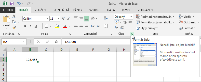 6. Formát buňky Formát buňky slouží ke změně zobrazení (vizuálního vnímání) obsahu buňky. Skutečný obsah není ovlivněn (např. zaokrouhlen). Nejčastěji formátujeme čísla a datum.