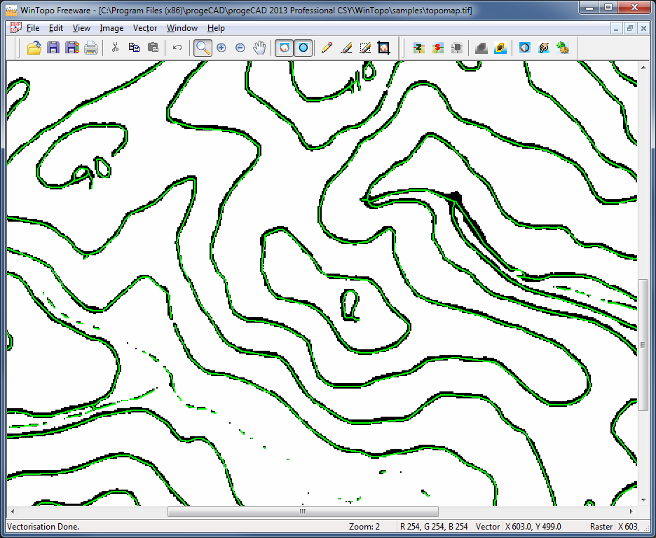 17. DOPLŇKY progecad obsahuje užitečné doplňky, jako jsou např. Vektorizace WinTopo, Převod PDF do DWG a propojení s Google Earth. 17.1. Vektorizace WinTopo Slouží k převodu rastrového obrázku (např.