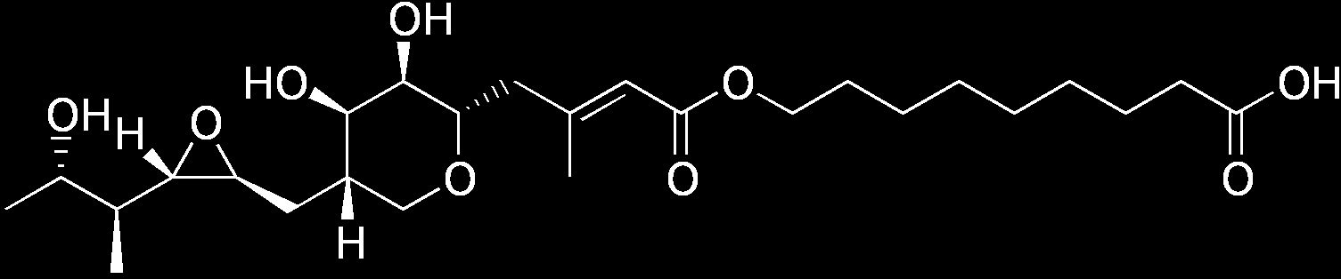 Mupirocin Inhibice syntézy bílkovin část molekuly strukturou blízká izoleucinu reverzibilní vazba na izoleucyl-trna-syntetázu znemožnění vazby Ile na příslušnou trna inhibice syntézy