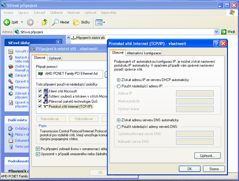 Příklad konfigurace síťové karty v systému Windows: Zde je vidět, že přidělení je nastaveno na DHCP, čili adresa, maska a výchozí brána budou přiděleny automaticky, což je pro uživatele příjemné za