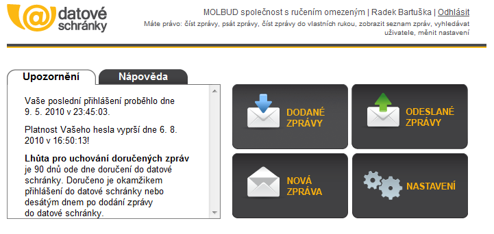 1.2 Nastavení datové schránky Důležitou částí systému datových schránek je samotné uživatelské nastavení datové schránky.