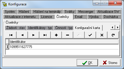 2) ACL - Administrace - číselníky. Zde se nastavují konfigurační karty pro terminál AXT, se kterými je možné aktivovat obrazovku s nastavením. - Jako konfigurační lze zadat jednu, nebo více karet.